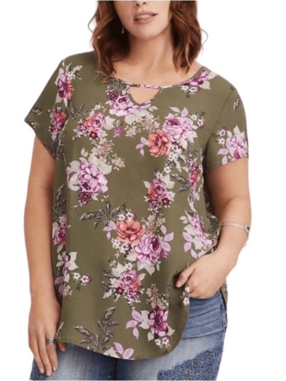 Torrid 1(1X) Georgette Olive Floral Flowy Keyhole Blouse Top